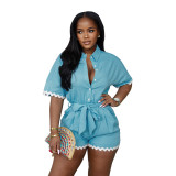 Summer Wave Trim Linen Lapel Short Romper