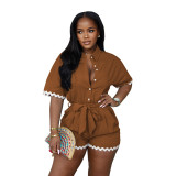 Summer Wave Trim Linen Lapel Short Romper