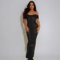 Sexy Solid Color Patchwork Backless Ruched Off Shoulder Long Dresses