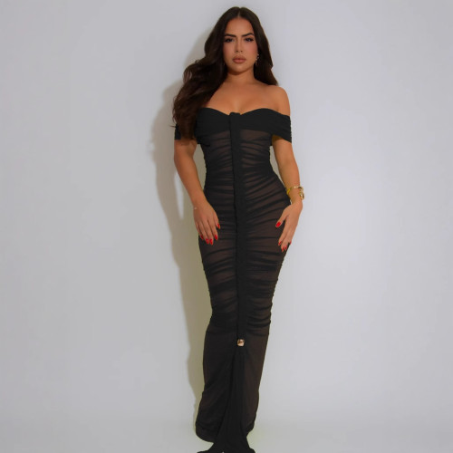 Sexy Solid Color Patchwork Backless Ruched Off Shoulder Long Dresses
