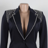 Fashion Blazer Suit Set Women's Pearl Decoration Single Button Blazer Pants Suit