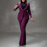 Fashion Blazer Suit Set Women's Pearl Decoration Single Button Blazer Pants Suit