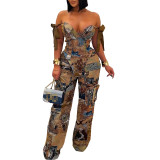 Casual Printed Oil Painting Pattern Tie Drawstring Pants Set with Multi-Pocket