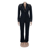 Fashion Blazer Suit Set Women's Pearl Decoration Single Button Blazer Pants Suit
