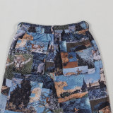 Casual Printed Oil Painting Pattern Tie Drawstring Pants Set with Multi-Pocket