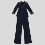 Fashion Blazer Suit Set Women's Pearl Decoration Single Button Blazer Pants Suit
