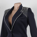 Fashion Blazer Suit Set Women's Pearl Decoration Single Button Blazer Pants Suit