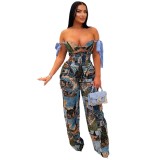 Casual Printed Oil Painting Pattern Tie Drawstring Pants Set with Multi-Pocket
