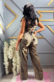 Casual Printed Oil Painting Pattern Tie Drawstring Pants Set with Multi-Pocket