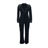 Fashion Blazer Suit Set Women's Pearl Decoration Single Button Blazer Pants Suit