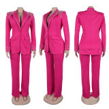 Fashion Blazer Suit Set Women's Pearl Decoration Single Button Blazer Pants Suit