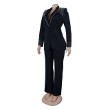 Fashion Blazer Suit Set Women's Pearl Decoration Single Button Blazer Pants Suit
