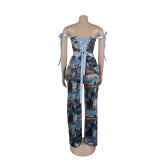 Casual Printed Oil Painting Pattern Tie Drawstring Pants Set with Multi-Pocket