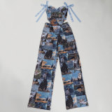 Casual Printed Oil Painting Pattern Tie Drawstring Pants Set with Multi-Pocket