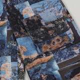 Casual Printed Oil Painting Pattern Tie Drawstring Pants Set with Multi-Pocket