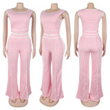 Solid Color Sleeveless Crop Top Wide-leg Pants Two-piece Set
