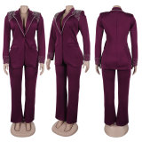 Fashion Blazer Suit Set Women's Pearl Decoration Single Button Blazer Pants Suit