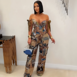 Casual Printed Oil Painting Pattern Tie Drawstring Pants Set with Multi-Pocket