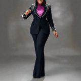 Fashion Blazer Suit Set Women's Pearl Decoration Single Button Blazer Pants Suit