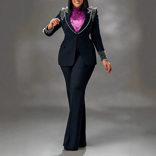 Fashion Blazer Suit Set Women's Pearl Decoration Single Button Blazer Pants Suit