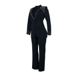 Fashion Blazer Suit Set Women's Pearl Decoration Single Button Blazer Pants Suit