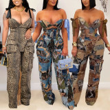 Casual Printed Oil Painting Pattern Tie Drawstring Pants Set with Multi-Pocket