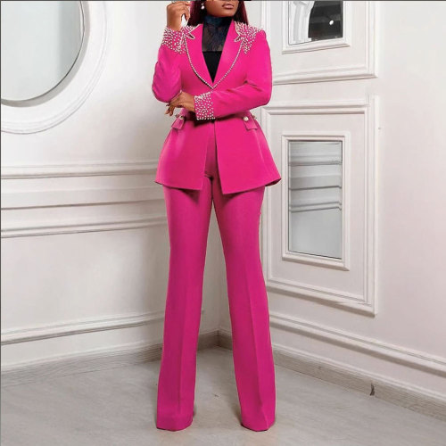 Fashion Blazer Suit Set Women's Pearl Decoration Single Button Blazer Pants Suit