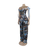 Casual Printed Oil Painting Pattern Tie Drawstring Pants Set with Multi-Pocket
