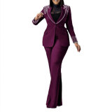 Fashion Blazer Suit Set Women's Pearl Decoration Single Button Blazer Pants Suit