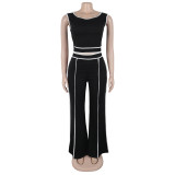 Solid Color Sleeveless Crop Top Wide-leg Pants Two-piece Set