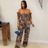 Casual Printed Oil Painting Pattern Tie Drawstring Pants Set with Multi-Pocket