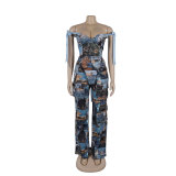 Casual Printed Oil Painting Pattern Tie Drawstring Pants Set with Multi-Pocket