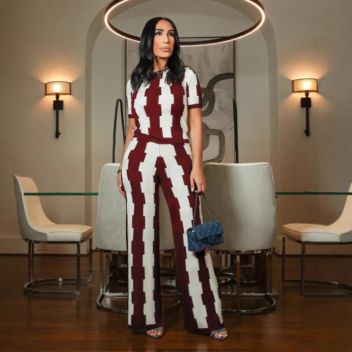 Colorblock Printed Wide Leg Casual Pant Sets