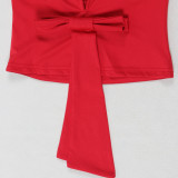 Solid Knitted Elastic Backless Bow Decor V Neck Sleeveless Two Pieces