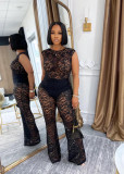 Solid Elegant See-through Lace Elastic Two-piece Sleeveless Set