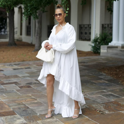 Casual Loose V Neck Lantern Sleeve Asymmetrical Hem Shirt Dress