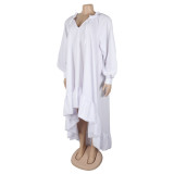 Casual Loose V Neck Lantern Sleeve Asymmetrical Hem Shirt Dress