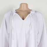 Casual Loose V Neck Lantern Sleeve Asymmetrical Hem Shirt Dress