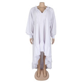 Casual Loose V Neck Lantern Sleeve Asymmetrical Hem Shirt Dress