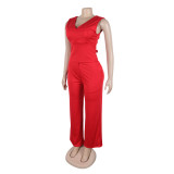 Solid Knitted Elastic Backless Bow Decor V Neck Sleeveless Two Pieces