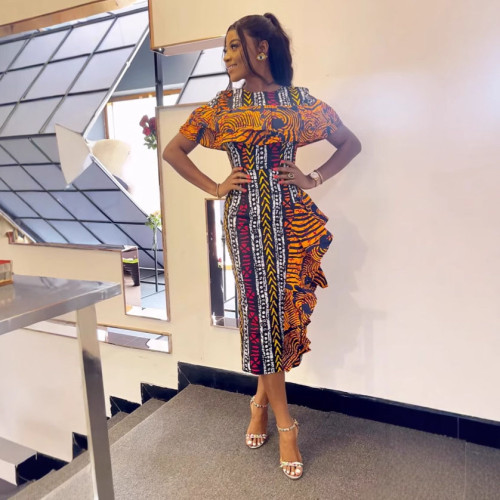 Print Fungus Back Slit Contrast Color Midi Dress