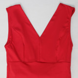 Solid Knitted Elastic Backless Bow Decor V Neck Sleeveless Two Pieces