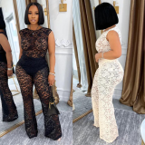 Solid Elegant See-through Lace Elastic Two-piece Sleeveless Set