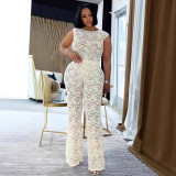 Solid Elegant See-through Lace Elastic Two-piece Sleeveless Set