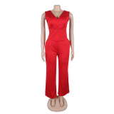 Solid Knitted Elastic Backless Bow Decor V Neck Sleeveless Two Pieces