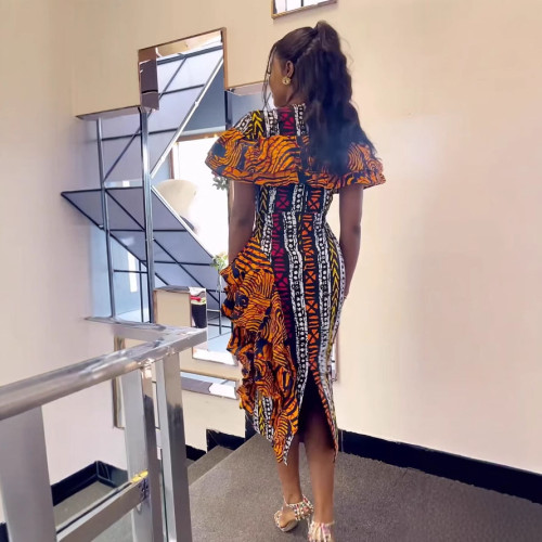 Print Fungus Back Slit Contrast Color Midi Dress