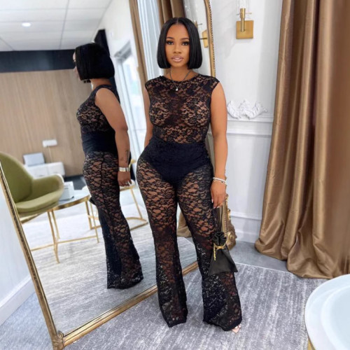 Solid Elegant See-through Lace Elastic Two-piece Sleeveless Set