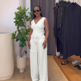 Solid Knitted Elastic Backless Bow Decor V Neck Sleeveless Two Pieces