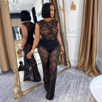 Solid Elegant See-through Lace Elastic Two-piece Sleeveless Set