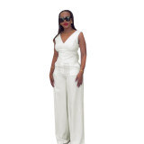 Solid Knitted Elastic Backless Bow Decor V Neck Sleeveless Two Pieces